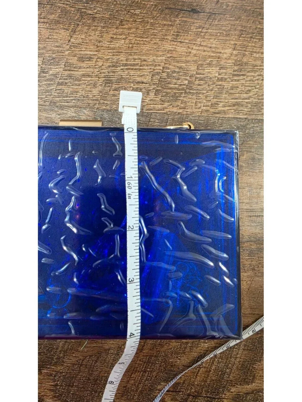 Modern Blue Acrylic Clutch Bag with Gold Hardware and Chain Handle